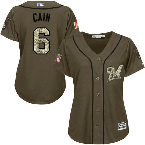 Brewers #6 Lorenzo Cain Green Salute to Service Women's Stitched MLB Jersey - Click Image to Close